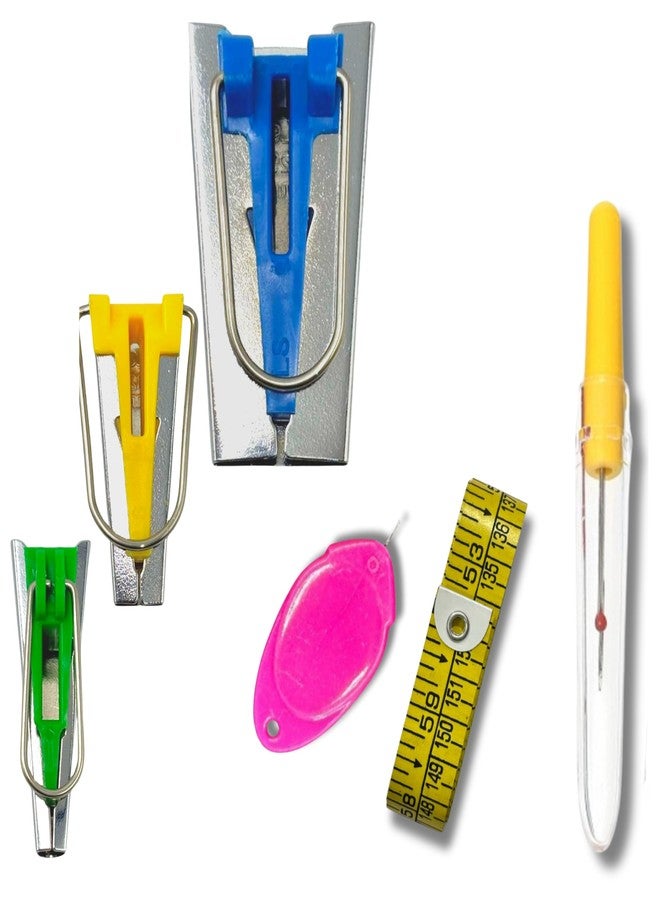 ZENITH Bias Tape Maker Set of Various sizes from 6mm to 25mm available in variations with 1 Seam Ripper, 1 Meassring tape & 1 Threader, Multicolour DIY Quilting Sewing Accessories Tools Kit for Fabric Sewing and Quilting (Green 6mm + Yellow 12mm +Blue 25 mm + 1SR + Tape + 1Threader) - Image 1